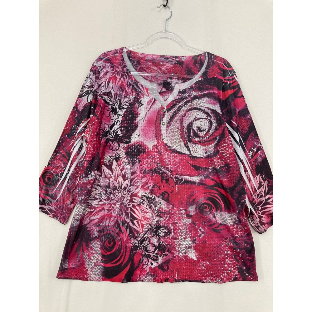 Style & Co Woman Top 2X Pink Floral Rose Abstract 3/4 Sleeve Rhinestone Blouse